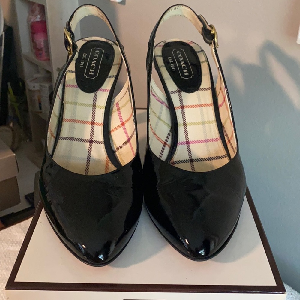 Coach black patent sling heels 4”